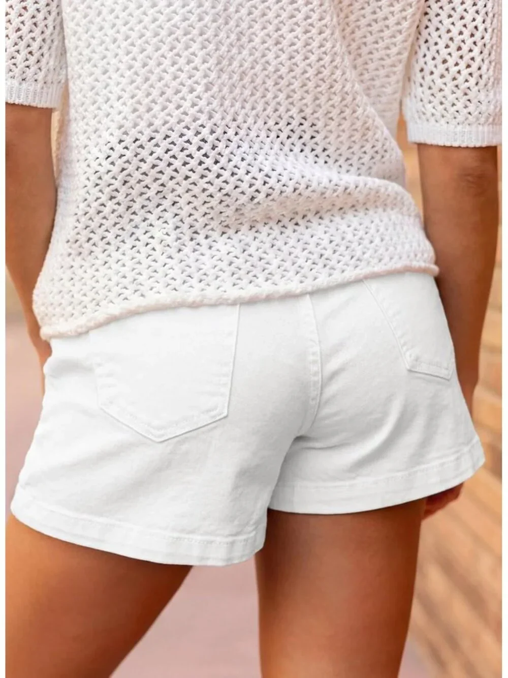 Women's White High Waisted Stretchy Shorts Double Button Denim Jean Shorts